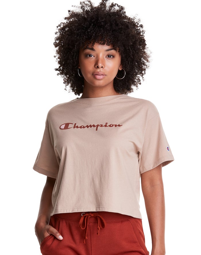 Champion Womens T-Shirt NZ - Cropped Script Logo Kahki ( 3795-FSAJW )